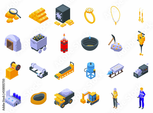 Gold mining icons set isometric vector. Golden mine. Miner coal