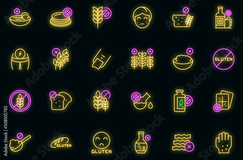 Gluten intolerance icons set outline vector. Free gluten. Non gmo vector neon