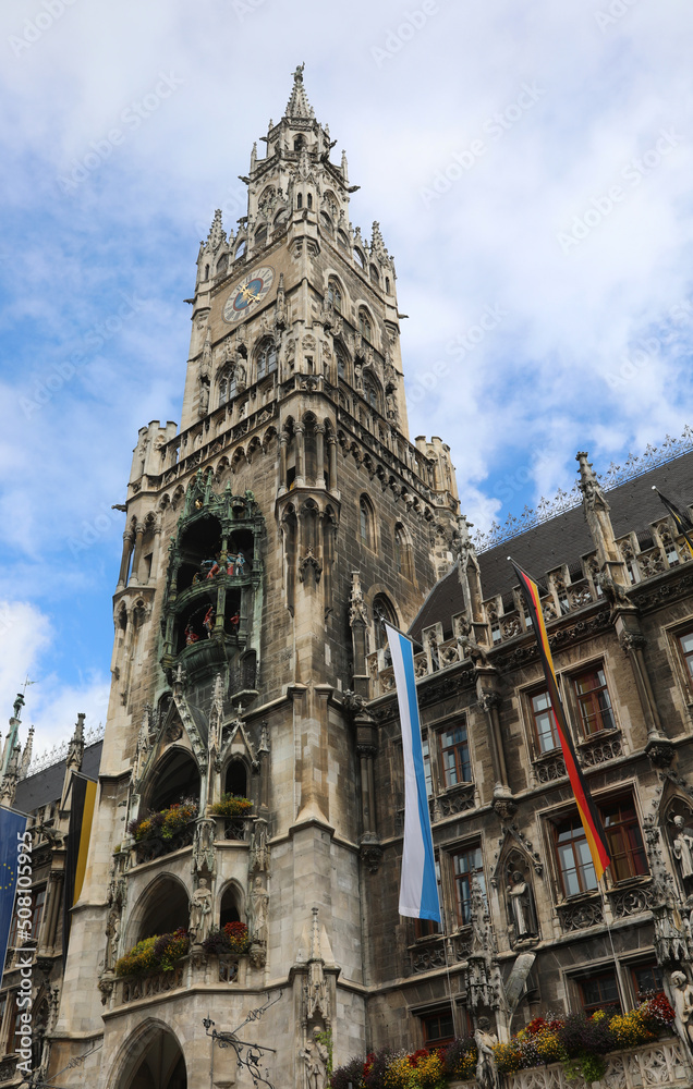 Clock Tower of New Town Hall called NEUES RATHAUS in Munich City in Germany