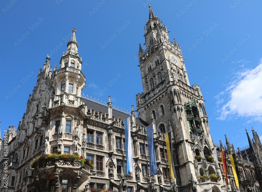 Clock tower of the Town Hall of Munich in Germany