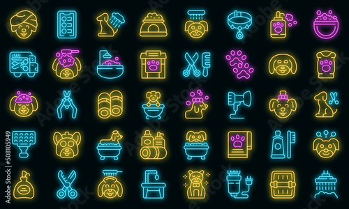 Dogs spa icons set outline vector. Shower grooming. Animal spa vector neon