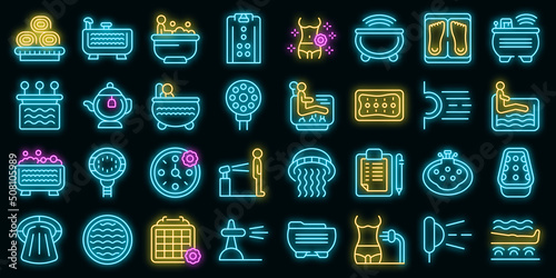 Hydro massage icons set outline vector. Aqua spa. Hydrotherapy park vector neon