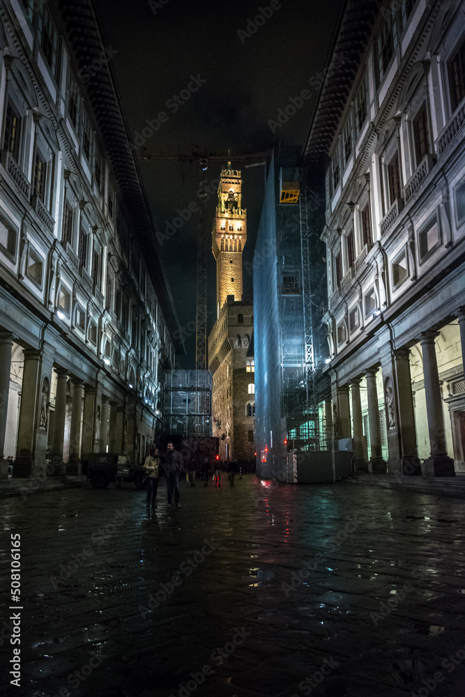 night view of Palazzo Vecchio from the Uffizi in Florence