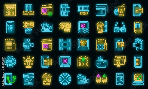 Movie booking icons set outline vector. Routine life. Daily home vector neon