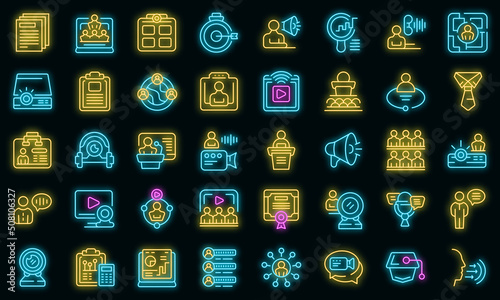 Conference icons set outline vector. Virtual zoom. Online work vector neon