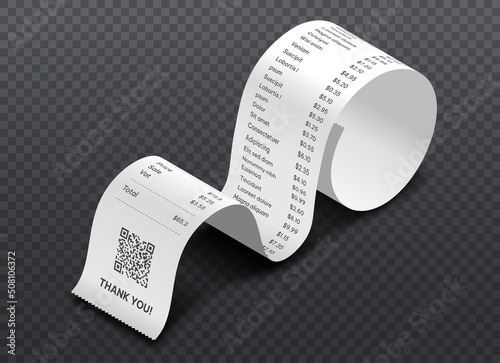 Isometric cash receipt. Curved long bill from supermarket. Business and marketing, discounts and special offers for buyers. Confirmation of purchases, financial literacy. Realistic vector illustration