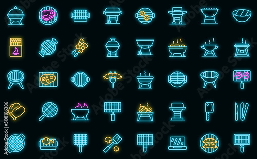 Grill icons set outline vector. Cooking equipment. Food bbq vector neon