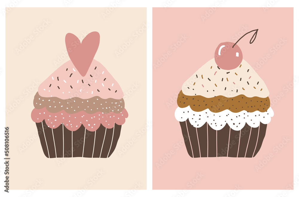 Cute Birthday Party Vector Illustration. Hand Drawn Chocolate Cupcake and Muffin with Heart and Cherry Isolated on a Cream and Pink Background. Sweet Birthday Print ideal for Card, Wall Art, Poster. Cute Birthday Party Vector Illustration. Hand Drawn Chocolate Cupcake and Muffin with Heart and Cherry Isolated on a Cream and Pink Background. Sweet Birthday Print ideal for Card, Wall Art, Poster.