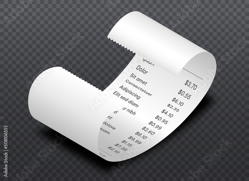 Isometric cash receipt. Curved bill from supermarket. Advertising and special offers, promotions. Purchase confirmation, financial literacy and cost estimation. Realistic vector illustration