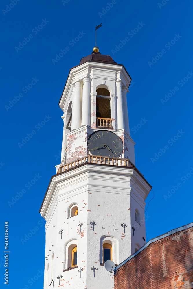 Old white Clock Tower of Vyborg, Russia