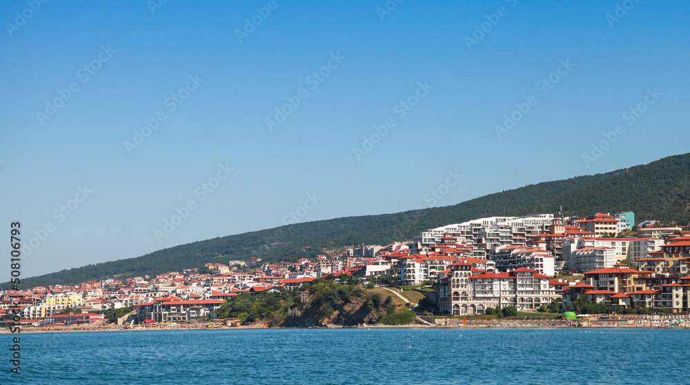 Seaside view of Elenite resort complex, Bulgaria. Modern hotels