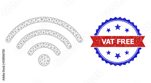 Net mesh Wi-Fi hotspot polygonal framework icon, and bicolor rubber Vat Free seal stamp. Red badge includes Vat Free tag inside ribbon and blue rosette. photo