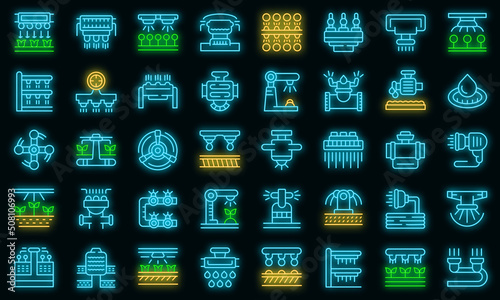 Irrigation system icons set outline vector. Agriculture farming. Smart system vector neon