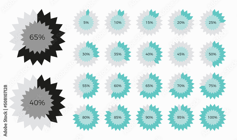 Set of trendy circle star shape infographic pie chart diagrams design elements with percentages.