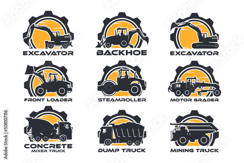 Heavy machinery label logo, excavator, backhoe, front loader, soil compactor, motor grader, concrete trucks, truck and mining truck