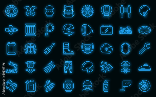 Motorcycle equipment icons set outline vector. Helmet jacket. Bike cover vector neon