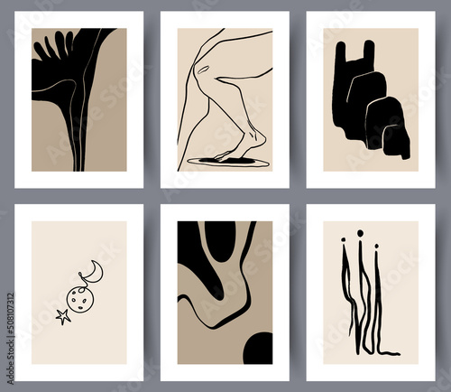 Set of modern abstract art wall posters and banners for print. Collection of minimalistic abstractionism printable artworks for interior design. Vector illustration. 