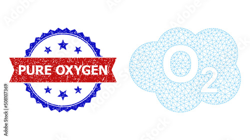Net oxigen cloud polygonal wireframe icon, and bicolor scratched Pure Oxygen seal stamp. Red stamp seal includes Pure Oxygen caption inside ribbon and blue rosette.
