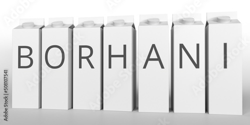 Boxes with BORHANI text. 3D rendering