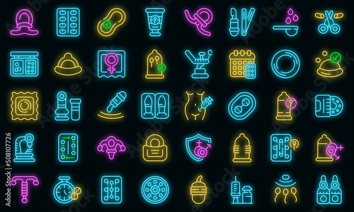 Contraceptives icons set outline vector. Birth control. Cap natural vector neon