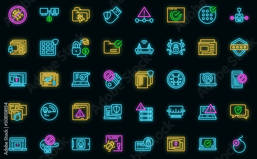 Antivirus icons set outline vector. Malware bug. Cyber data vector neon