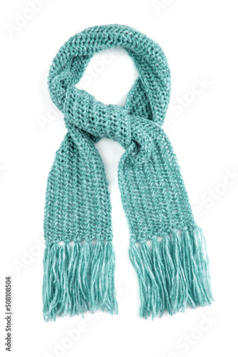 Green warm scarf on a white background
