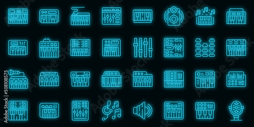 Synthesizer icon outline vector. Acoustic audio. Piano instrument vector neon