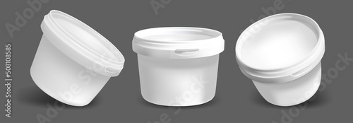 Realistic Detailed 3d Empty White Ice Cream Buckets Set. Vector illustration of Plastic Container for Icecream