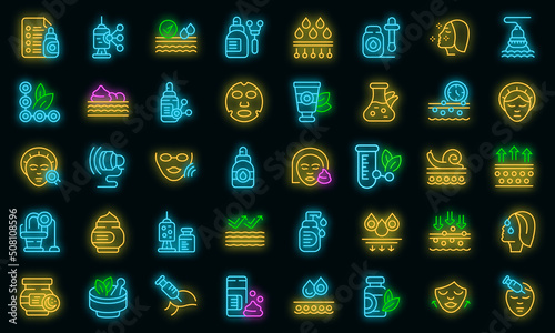 Anti-aging cosmetics icons set outline vector. Face beauty. Facial treatment vector neon