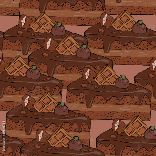 Pattern with pieces of chocolate cake with waffles and chocolates decoration