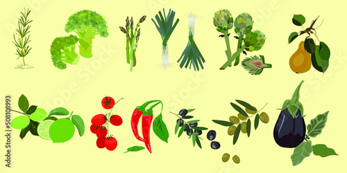  vector pattern with vegetables on a light yellow background. Set of fruits and vegetables.