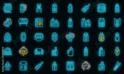 E-cigarette accessories icons set outline vector. Liquid cotton. Vape smoke vector neon