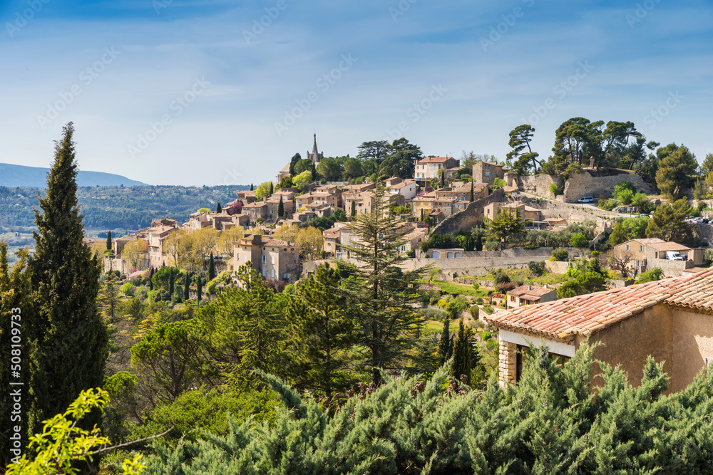 Panoramic view of medieval village Bonnieux in department Vaucluse, Provence, France