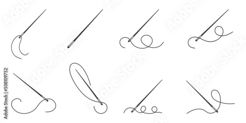 Needle with thread in linear style. Vector illustration embroidery and tailoring symbol.