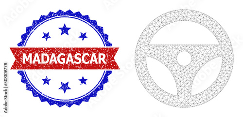 Mesh net steering wheel polygonal wireframe icon, and bicolor grunge Madagascar seal stamp. Red stamp seal includes Madagascar tag inside ribbon and blue rosette.