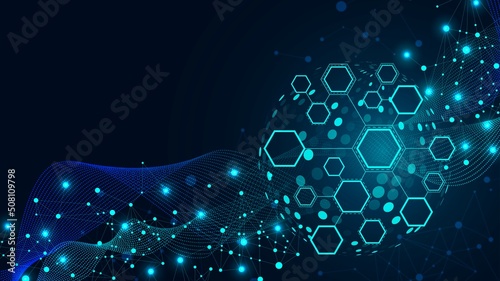 Neon vector background frame for icons, symbols. Pattern plexus waves of particles, hexagons, spheres, circles, lines. Glow star. Digital communication, network. Poster technology, medicine, business
