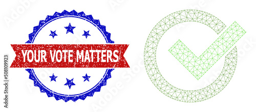 Net mesh vote yes polygonal frame illustration, and bicolor textured Your Vote Matters watermark. Red seal has Your Vote Matters tag inside ribbon and blue rosette.