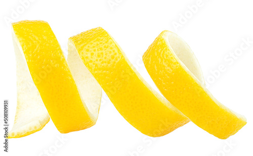 Lemon peel isolated on a white background. Citrus twist peel.