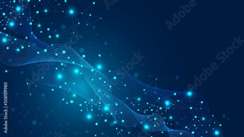 Neon background frame. Wave connection design. Texture of plexus particles, lines, circles, dots. Open space. Digital network. Glowing stars. Poster technology, medicine, business. Vector