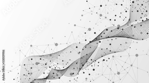 Halftone background frame. Wave connection design. Monochrome texture of plexus particles, lines, circles, dots. Open space. Digital network. Poster technology, medicine, business. Vector