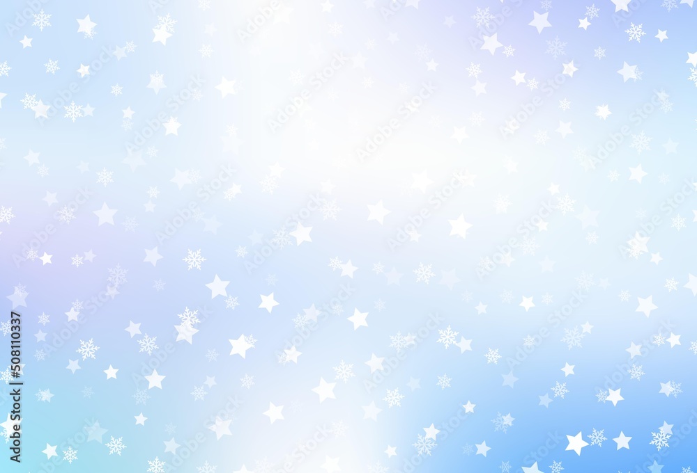 Light Pink, Blue vector pattern with christmas snowflakes, stars.