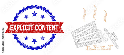 Net mesh trash heap polygonal wireframe icon, and bicolor grunge Explicit Content watermark. Red stamp includes Explicit Content title inside ribbon and blue rosette.