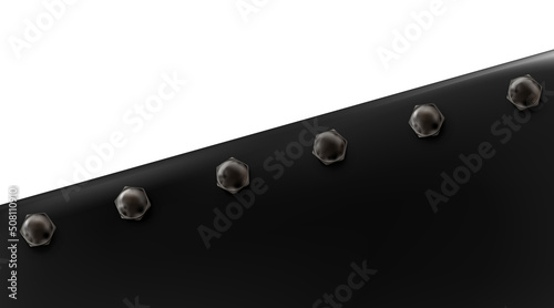 Technological background from sheet painted metal or plastic bolted. Black realistic metallic bluing steel backdrop. Blued bolts. Dark plate with screws. Blueing metalwares. Vector illustration