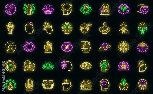 Mindfulness icons set outline vector. Mind stress. Relax peace vector neon