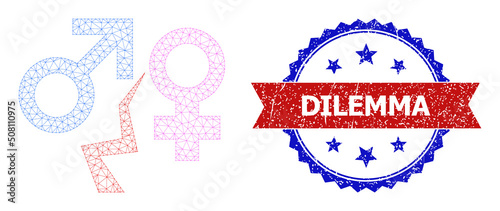 Mesh divorce polygonal framework icon, and bicolor rubber Dilemma seal. Red stamp contains Dilemma title inside ribbon and blue rosette. Vector carcass polygonal mesh divorce icon.