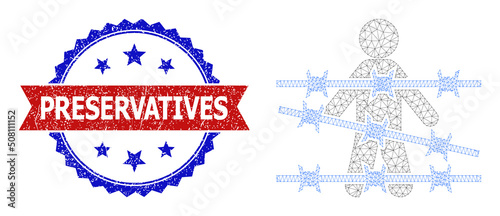 Net man arrest polygonal carcass icon, and bicolor unclean Preservatives seal stamp. Red stamp has Preservatives title inside ribbon and blue rosette. Vector frame polygonal network man arrest icon.