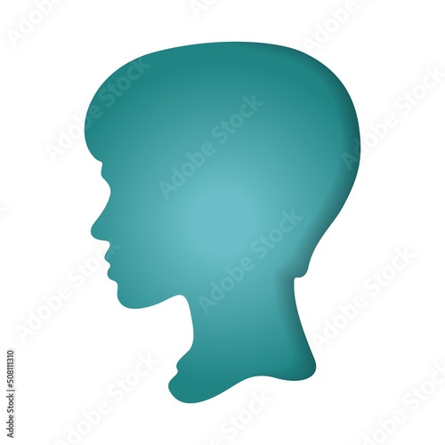 A woman with her hair pulled back. Paper cut style. Face silhouette. Colored turquoise profile portrait of a female character. Origami silhouette. Art illustration of craft paper cut design.