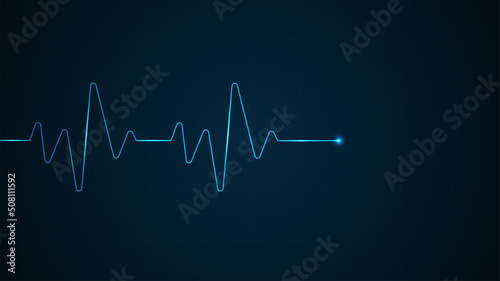 Blue glowing neon heart pulse. Heart beat
