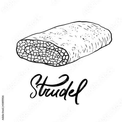 Hand drawn Viennese strudel isolated on white background. Black and white outline baking illustration