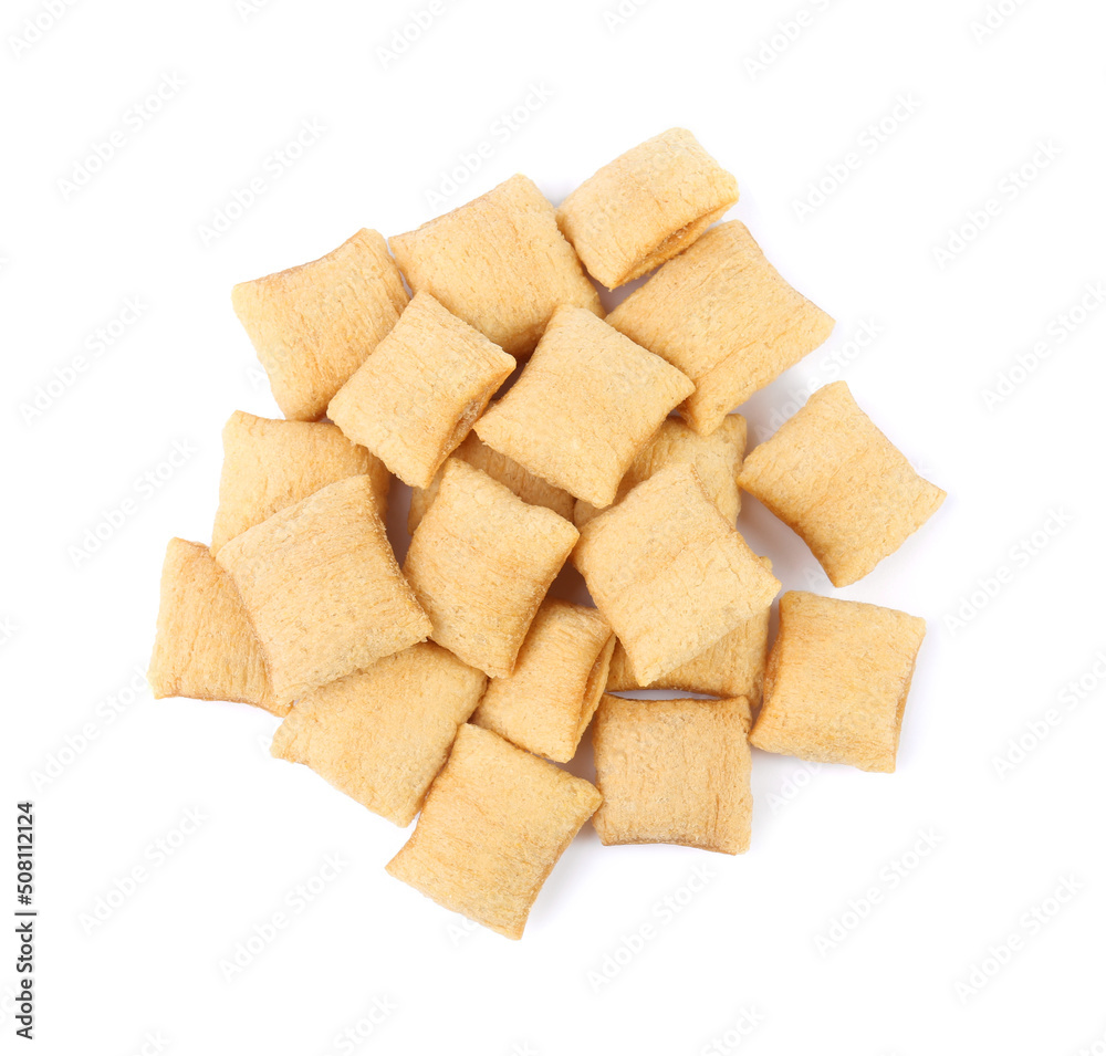 Pile of tasty corn pads on white background, top view. Healthy breakfast cereal Pile of tasty corn pads on white background, top view. Healthy breakfast cereal